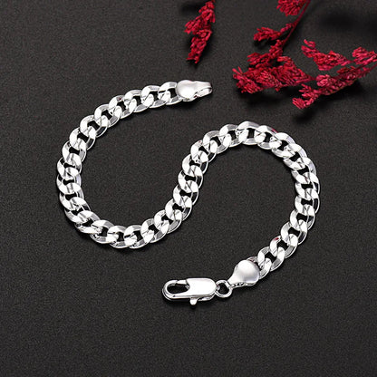 925 Sterling Silver Charm 7MM Chain Unisex Bracelets Neckalces Jewelry Set