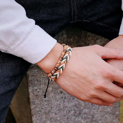 Mens Natural Wood Weaven Macrame Tiger Eyes Stone Bracelet