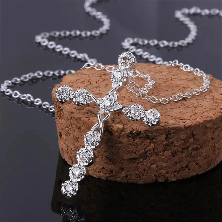 925 Sterling Silver Crystal Cross Womens Necklace