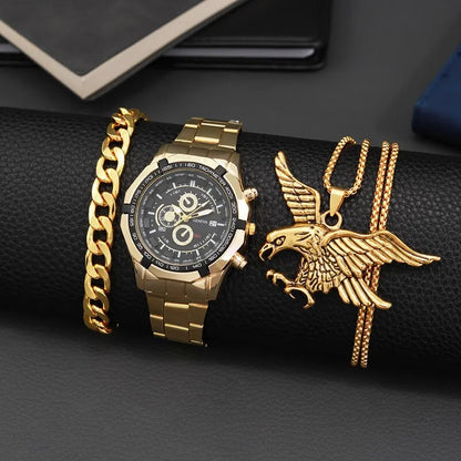 3PCS Set Luxury Fashion Mens Watch Necklace Bracelet Set