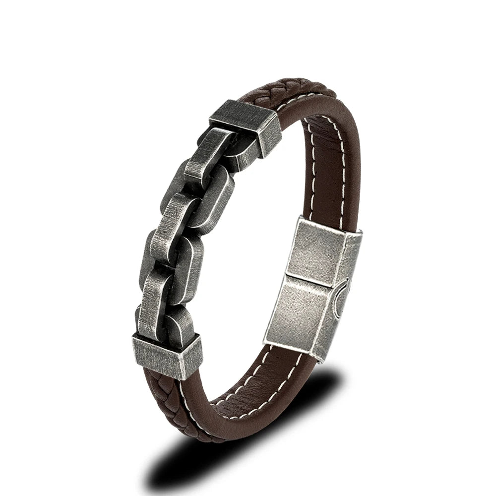 Locomotive Men Punk Rock Wide Bicycle Chain Leather Bracelet