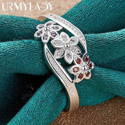 925 Sterling Silver Red Zircon Flower Ring For Women