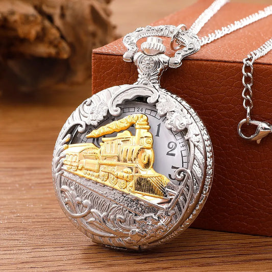 Steam Train Design Pocket Watch Chain Necklace