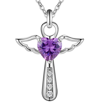 925 Sterling Silver Women Angel Crystal Cross Pendants Chain Neckalce
