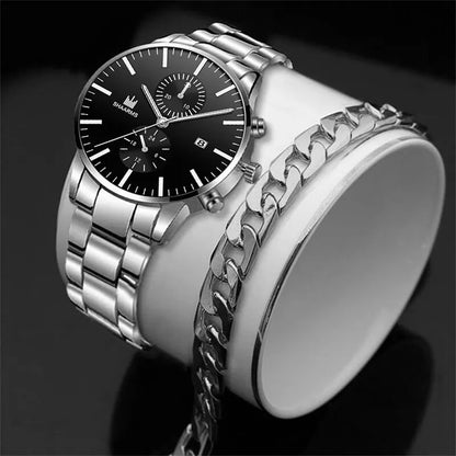 Mens Fashion Quartz Watch Stainless Steel Bracelet Set