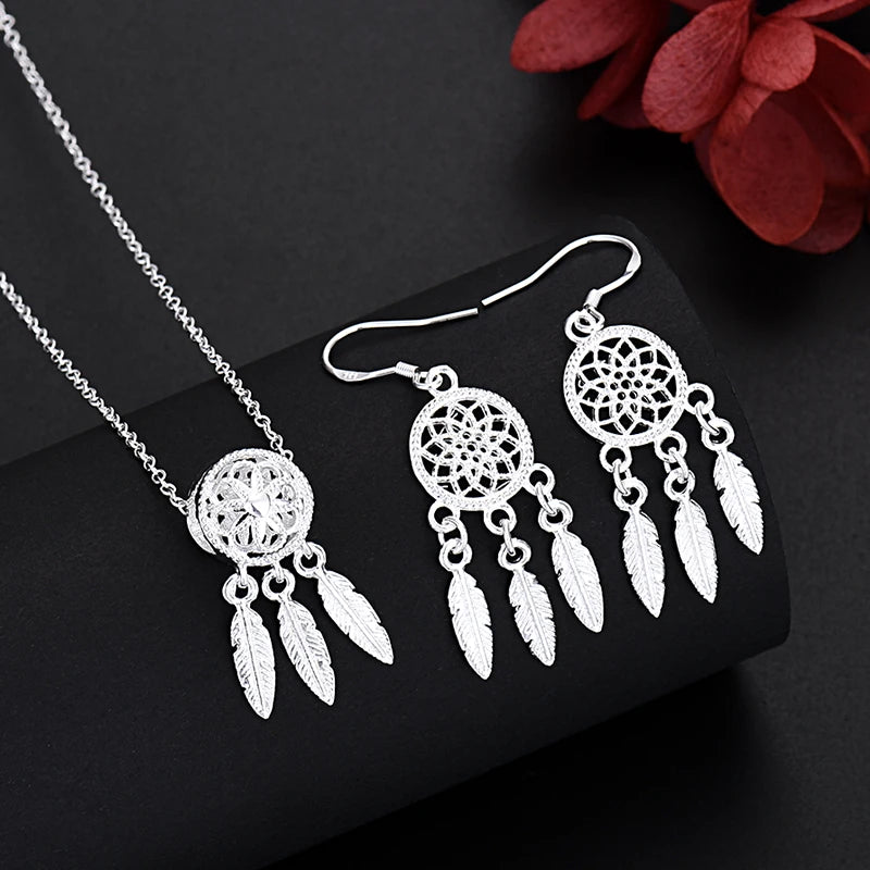 925 Sterling Silver Charm Necklace Earring Set for Women