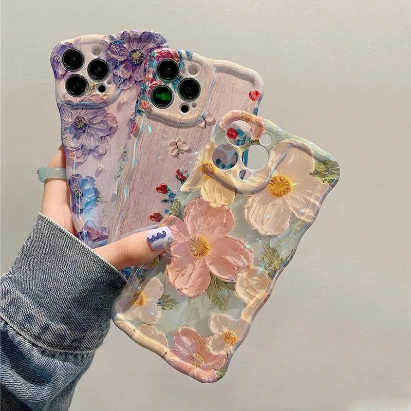 Laser Blue Light Flowers Phone Case For iPhone 16 15 14 13 12 11 Pro Max