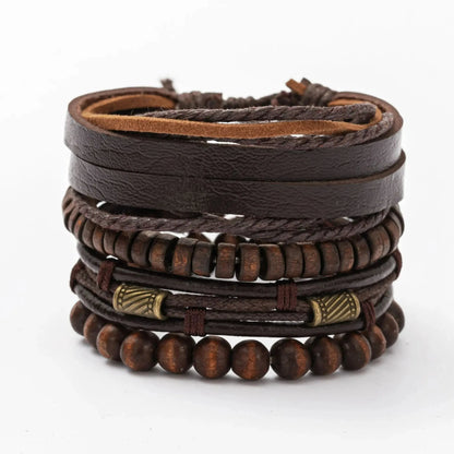 4pcs Set Braided Wrap Leather Mens Bracelet Ethnic Tribal Wristband