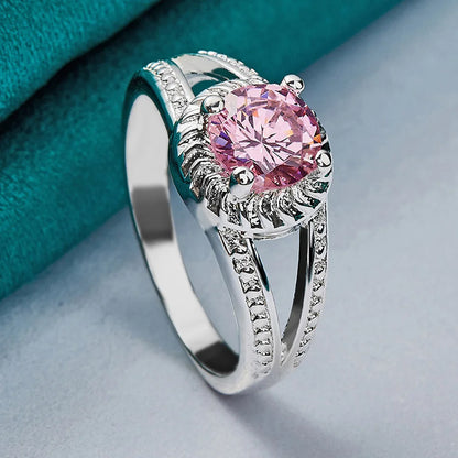 925 Sterling Silver Charm Pink Zircon Ring For Women