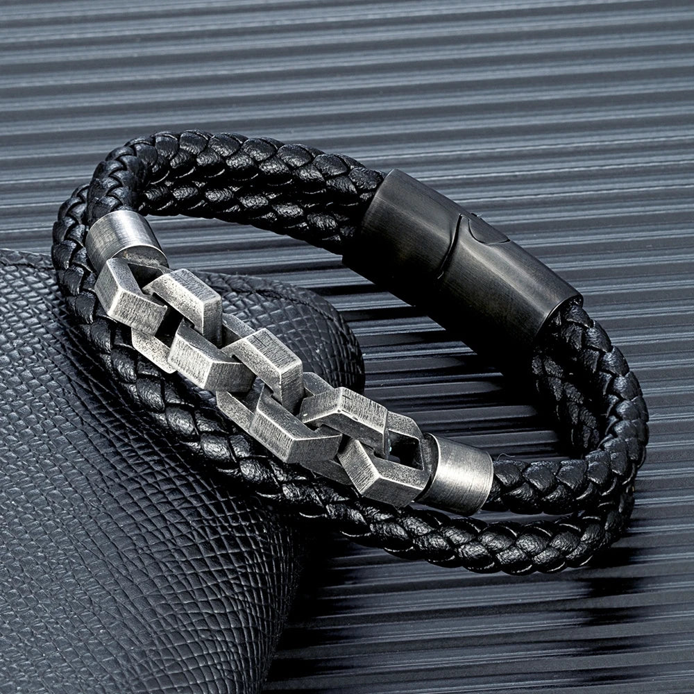 Locomotive Men Punk Rock Bicycle Chain Leather Bracelet