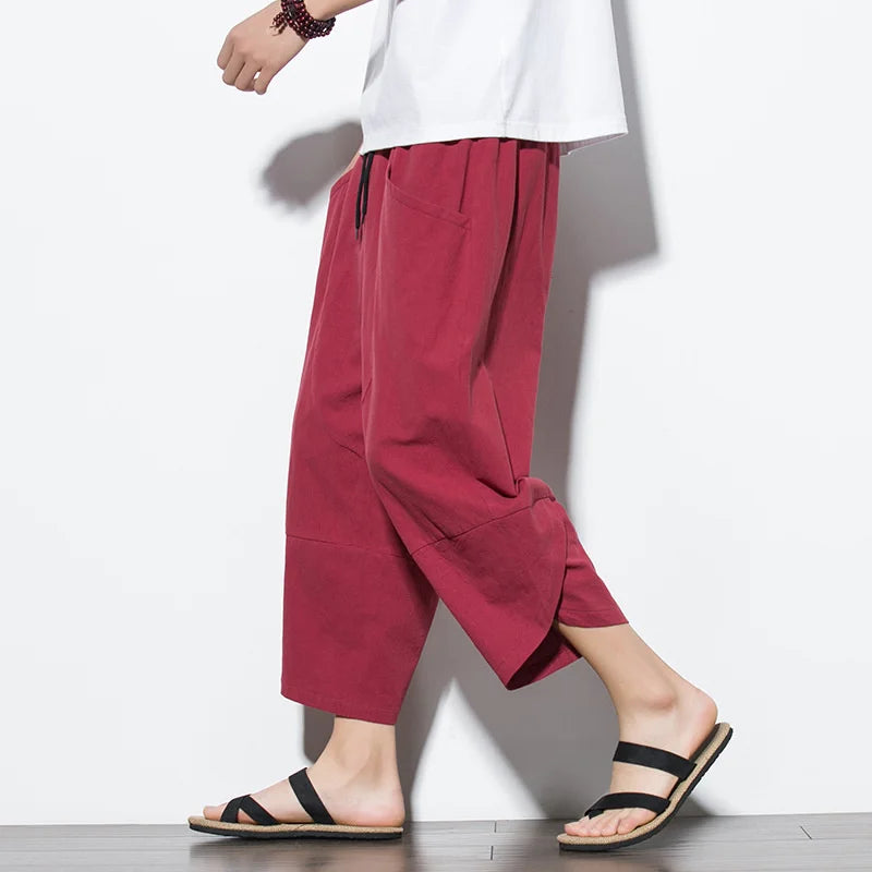 Mens Linen Pants Baggy Large Pocket Cropped Oversize Trousers