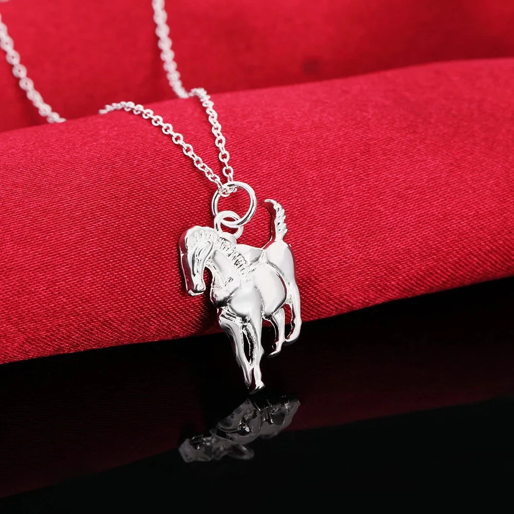 925 Sterling Silver Women Elegant Horse Pendants Chain Necklace