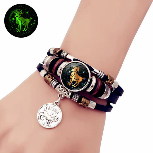 Luminous 12 Constellation Vintage Leather Bracelet for Men Women