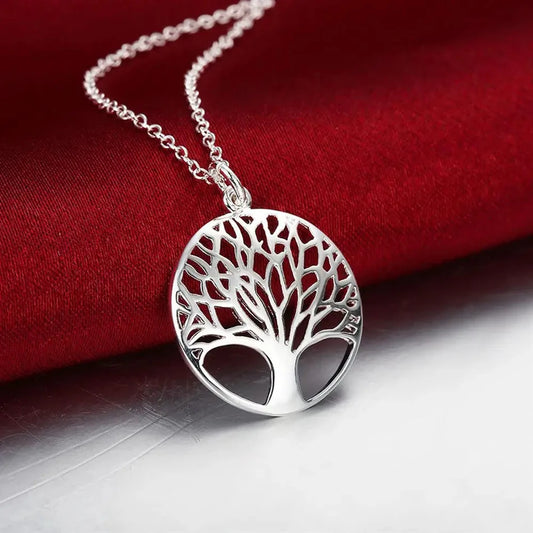 925 Sterling Silver Charm Round Tree Pendant Necklace For Women