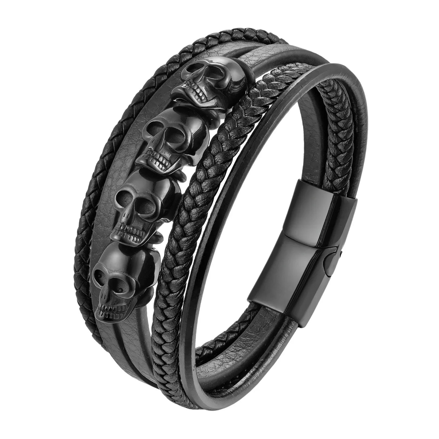 Stainless Steel Cool Skull Braided Mens Leather Bracelet