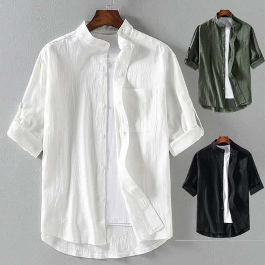 Spring and Summer Stand Collar Fashionable Mens Short Sleeved Shirt