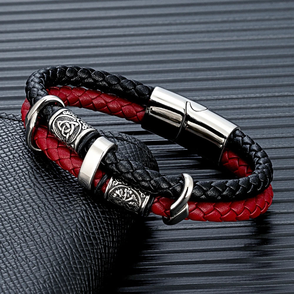 Punk Viking Style Stainless Steel Beads Braided Multilayer Leather Bracelet