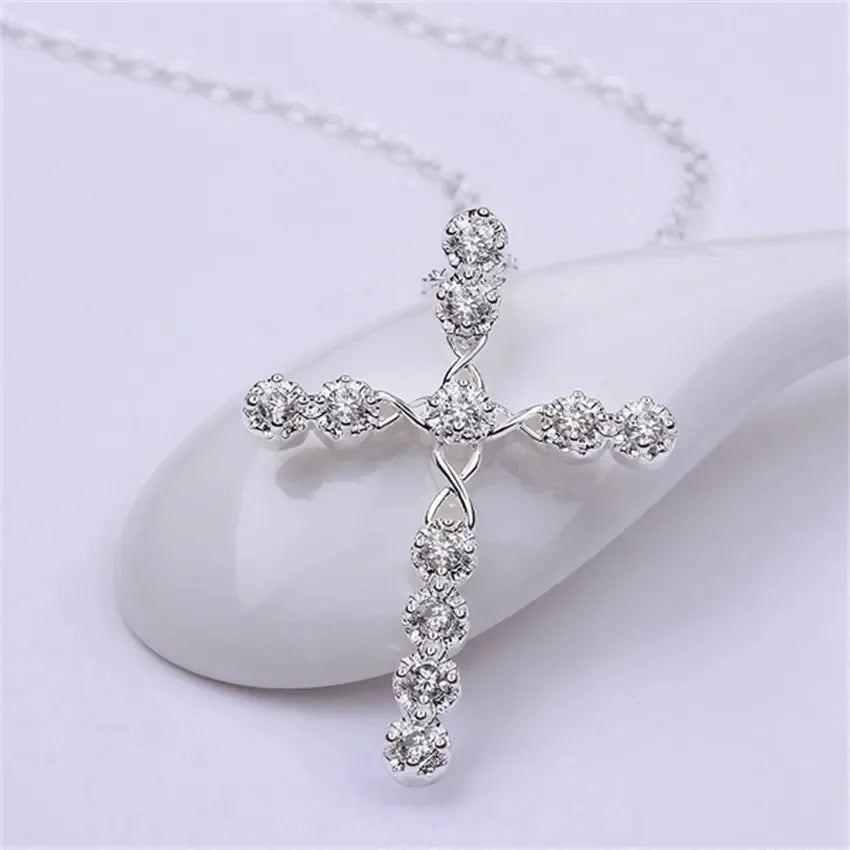 925 Sterling Silver Crystal Cross Womens Necklace