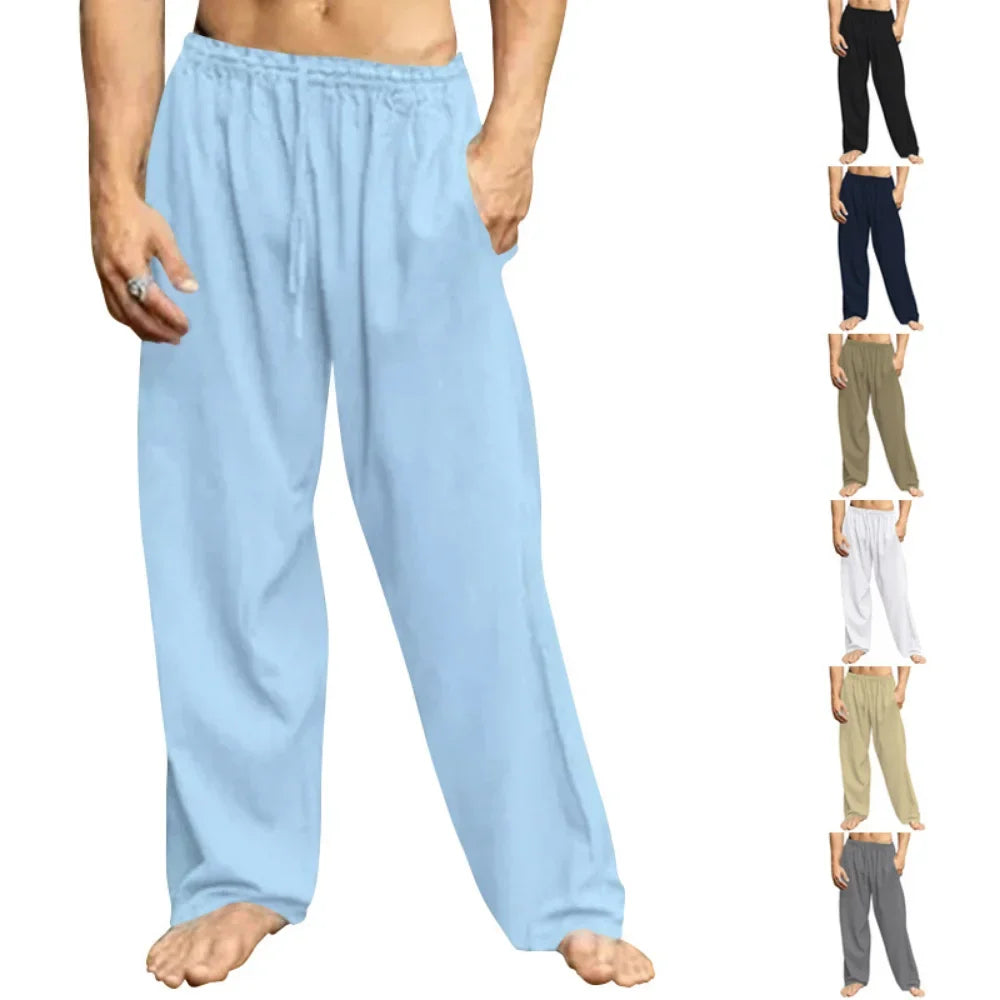 Mens Cotton Linen Loose Pants Summer Casual Trousers