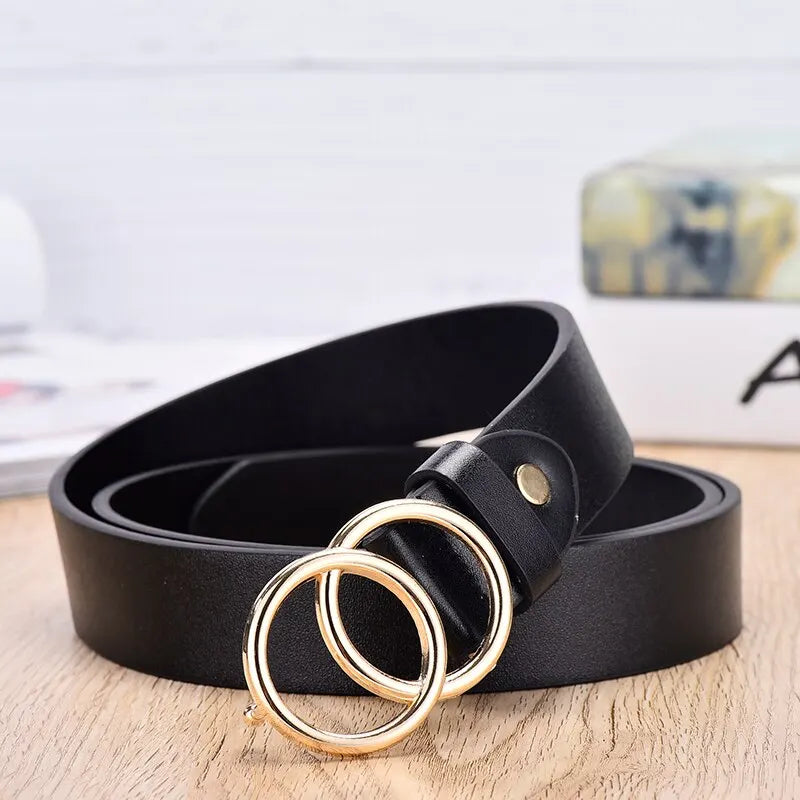 Womens Belt Trend Double Round Buckle Belt