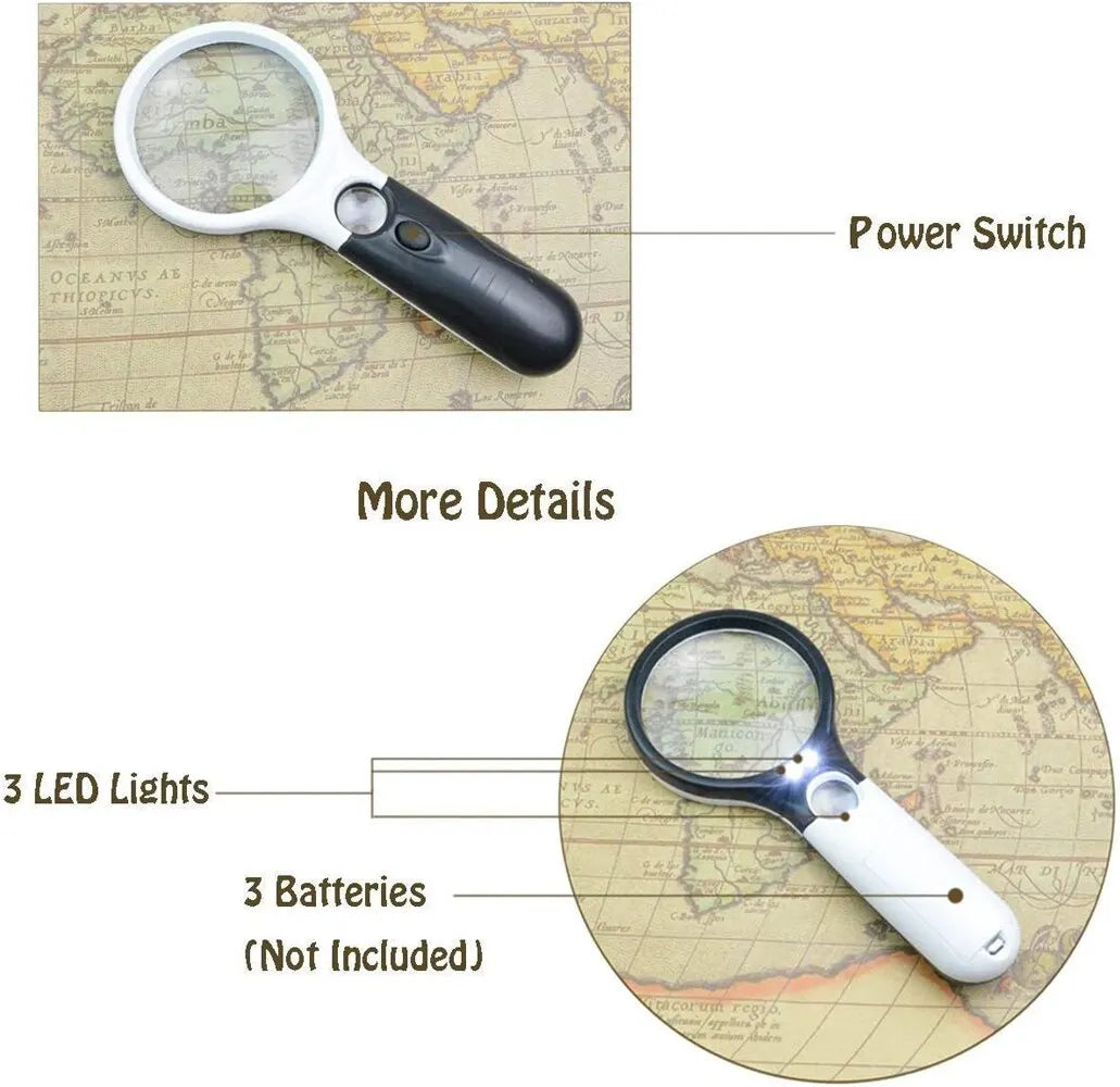 Magnifying Glass Handheld 45X Magnifier With 3 LED Light For Reading