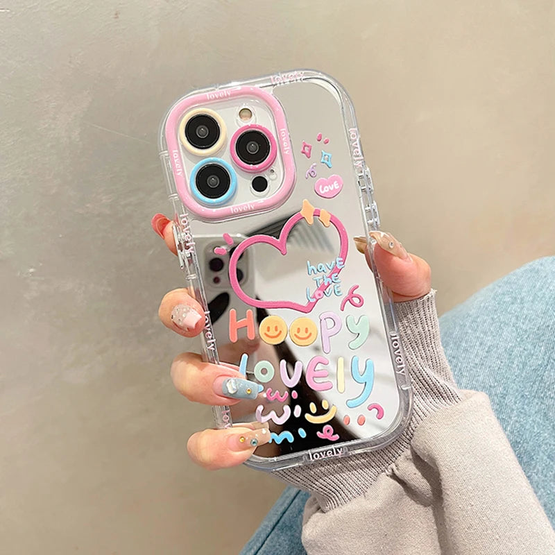 Lovely Girl Heart Mirror Phone Case For iPhone 11 12 13 14 15 Pro Max