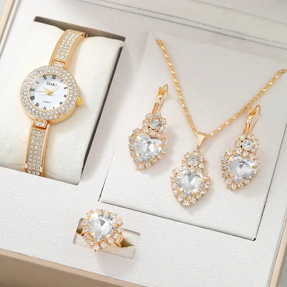 Dainty Quartz Watch With Necklace Earrings Ring Set