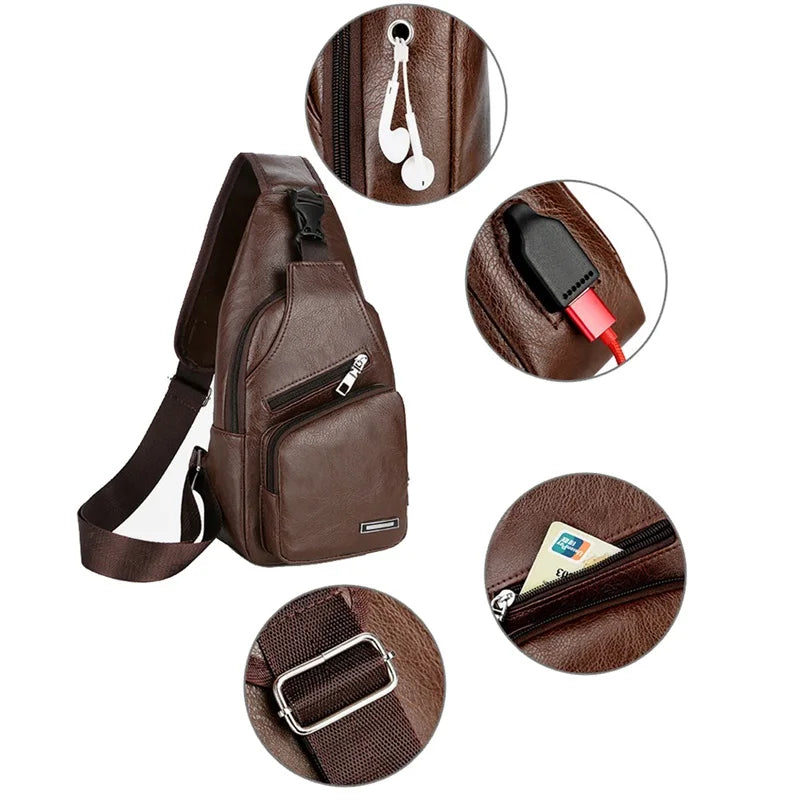 USB Charging Chest Bag Headset Hole Mens Crossbody