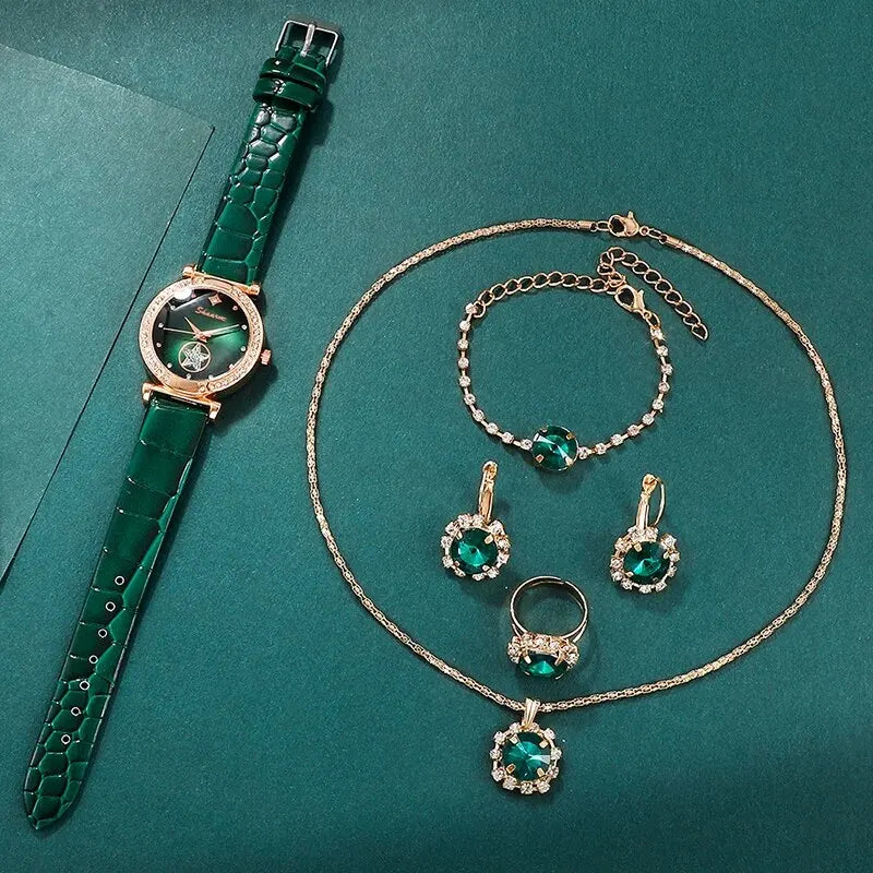 6PCS Set Green Quartz Watch Womens Jewelry Set