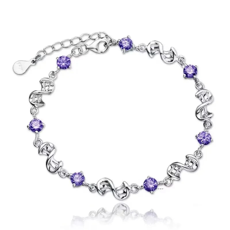 925 Sterling Silver Purple Crystal Lucky Clover Womens Bracelets