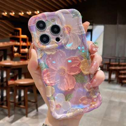 Laser Blue Light Flowers Phone Case For iPhone 16 15 14 13 12 11 Pro Max