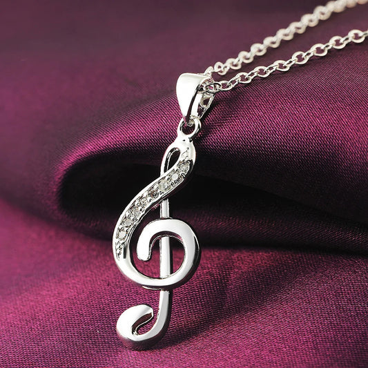 925 Sterling Silver Crystal Musical Note Pendant Women Necklace