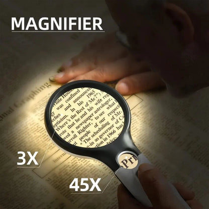 Magnifying Glass Handheld 45X Magnifier With 3 LED Light For Reading