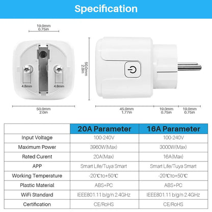 Tuya 16A 20A EU Smart Socket WiFi Smart Plug