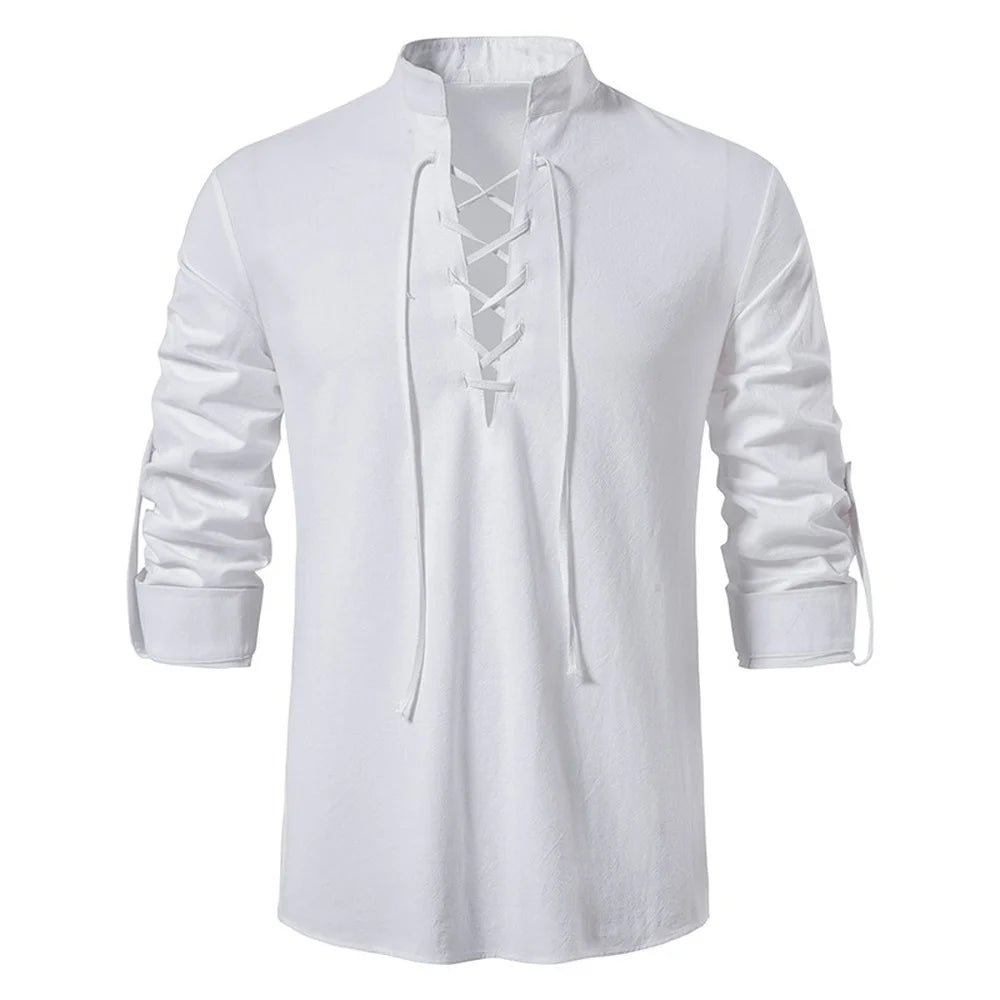 Mens Casual Blouse Cotton Linen Shirt Tops Long Sleeve Shirts