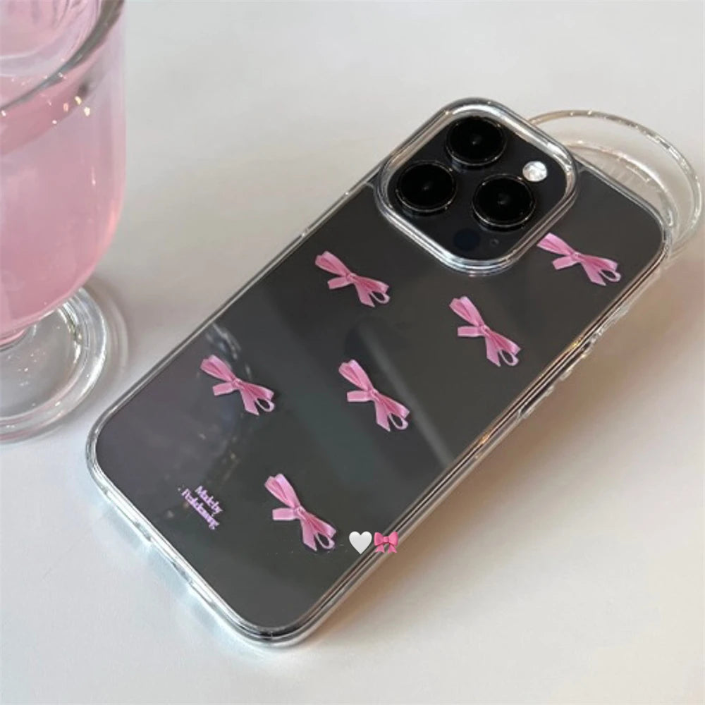 Cute Pink Bow Transparent Phone Case For iPhone 15 14 13 12 11 Pro Max