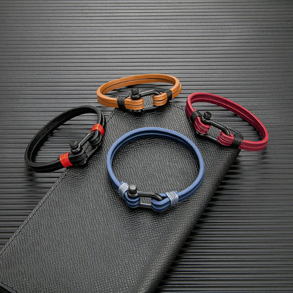 Mens U Shape Shackle Bracelet Double Layer Leather Bracelets