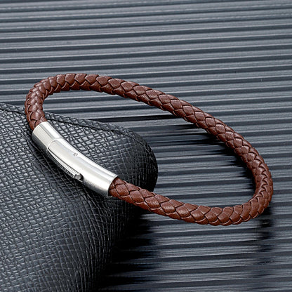 Classic Simple Braided Leather Bracelet Bangle Stainless Steel Magnetic Buckle