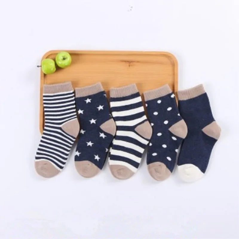 5 Pairs Cartoon Baby Socks Spring Autumn Stripe Dot Girls Boys