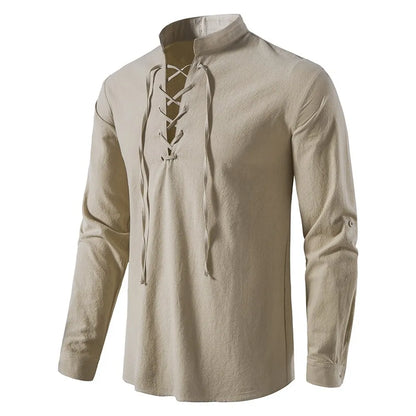 Mens Casual Blouse Cotton Linen Shirt Tops Long Sleeve Shirts