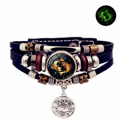 Luminous 12 Constellation Vintage Leather Bracelet for Men Women