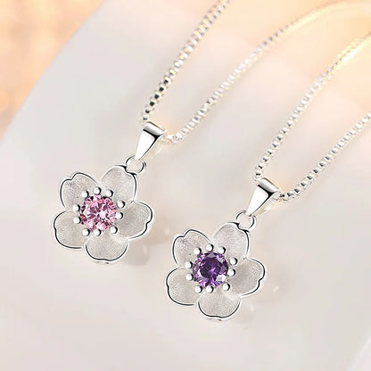 925 Sterling Silver Pink Purple Peach Blossom Necklaces For Women