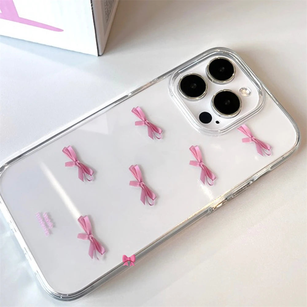 Cute Pink Bow Transparent Phone Case For iPhone 15 14 13 12 11 Pro Max