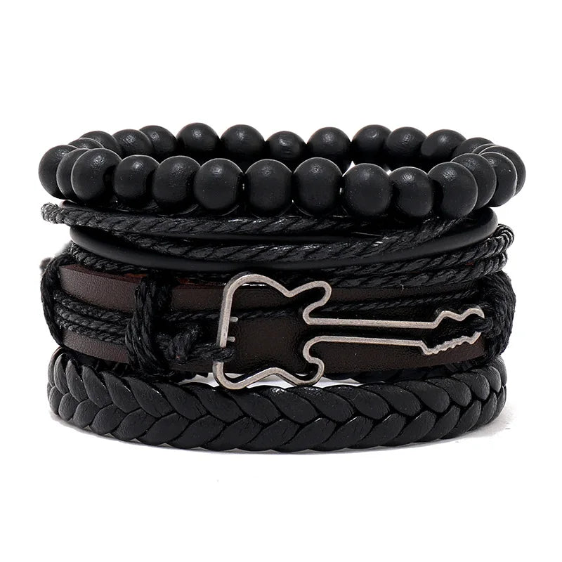 4pcs Set Braided Wrap Leather Mens Bracelet Ethnic Tribal Wristband