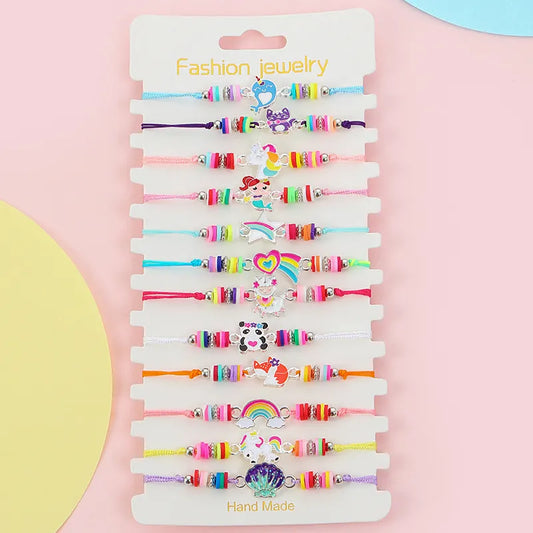 12pcs Cute Cat Rope Rainbow Unicorn Charm Girls Kids Bracelets