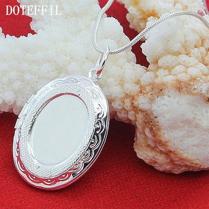 925 Sterling Silver Oval Round Photo Frame Pendant Womens Necklace